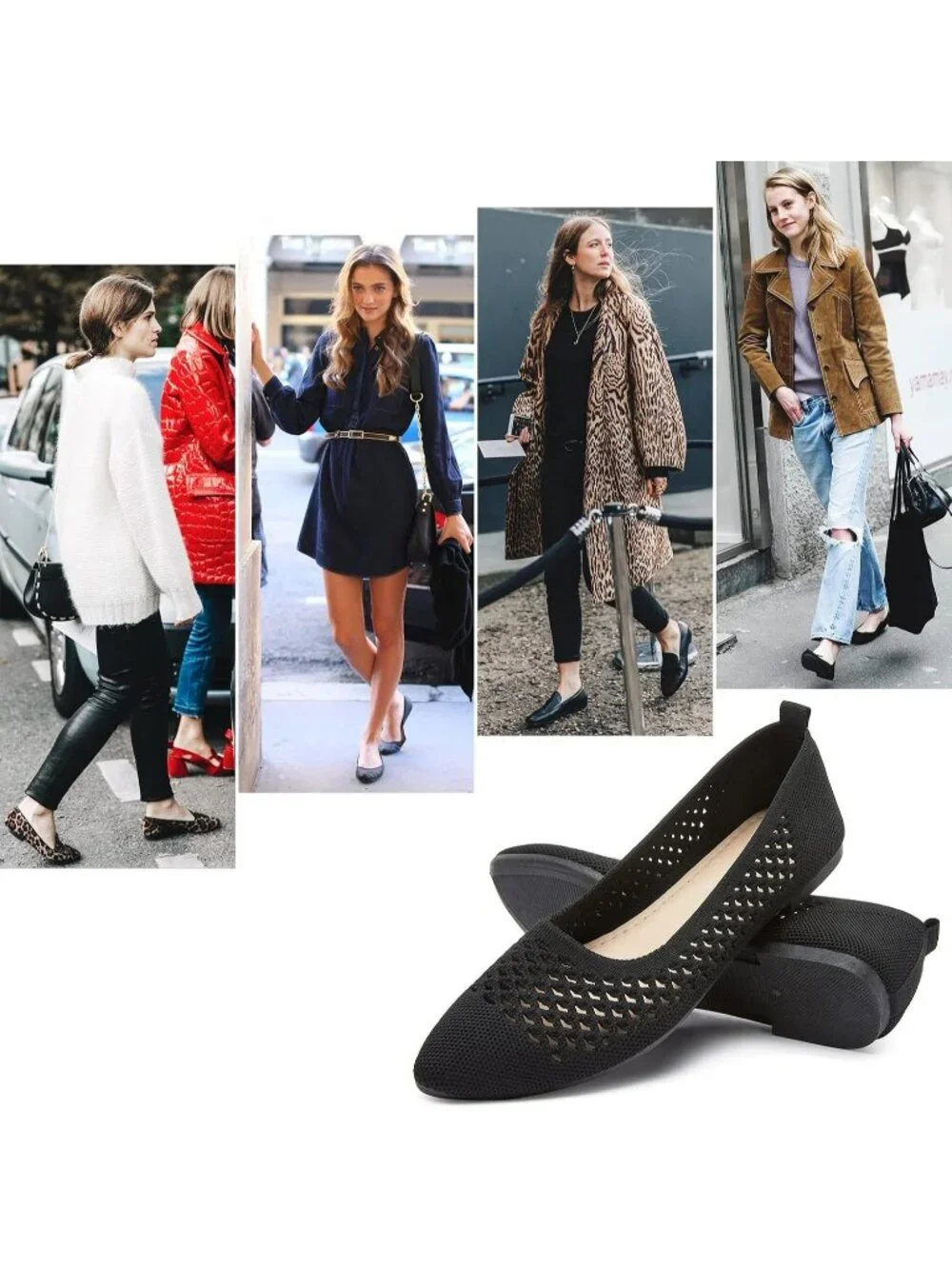 Women's Black Comfortable  Knit Pointed Toe Slip On Business Casual Ballet Flats